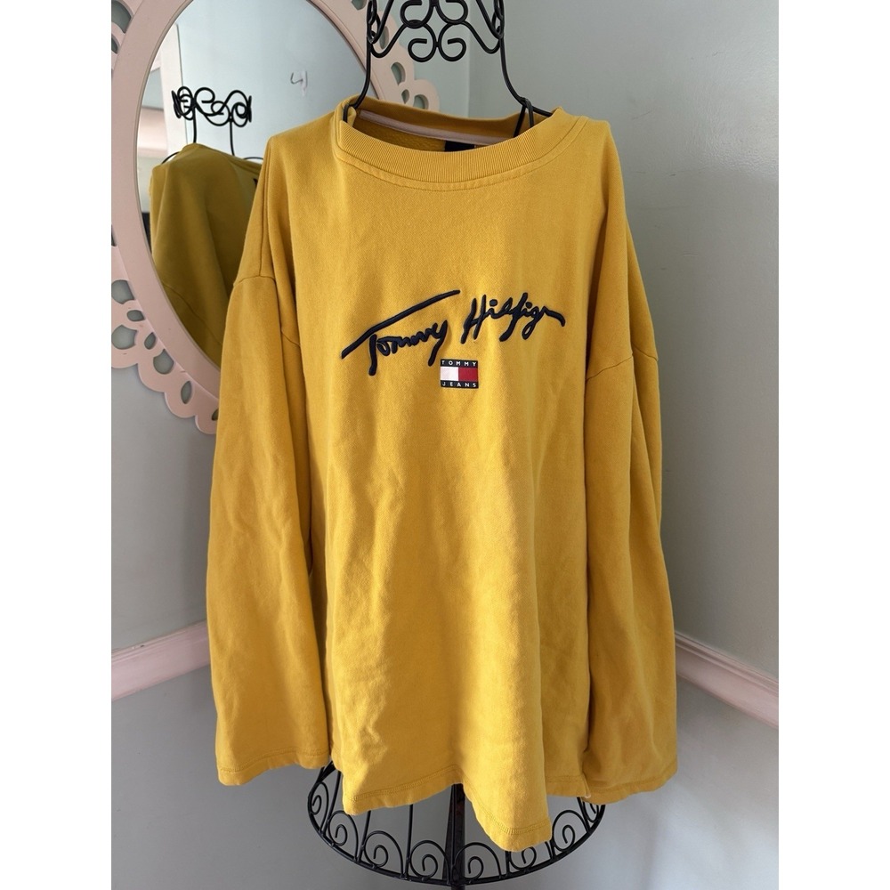 Vtg Y2k Men's XL Tommy Hilfiger Yellow Crewneck Sweatshirt XXL Spellout